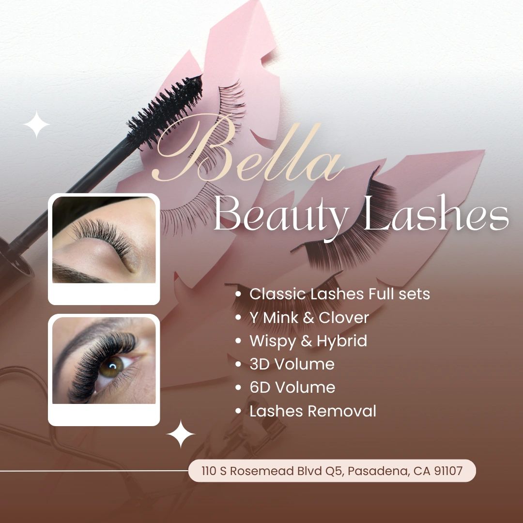 Bella Beauty Lashes flyer with the full-set menu and studio address